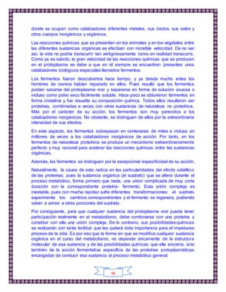 44
donde se ocupan como catalizadores diferentes metales, sus óxidos, sus sales y
otros cuerpos inorgánicos y orgánicos.
Las reacciones químicas que se presentan en los animales y en los vegetales entre
las diferentes sustancias orgánicas se efectúan con increíble velocidad. De no ser
así, la vida no podría transcurrir tan vertiginosamente como en realidad transcurre.
Como ya es sabido, la gran velocidad de las reacciones químicas que se producen
en el protoplasma se debe a que en él siempre se encuentran presentes unos
catalizadores biológicos especiales llamados fermentos.
Los fermentos fueron descubiertos hace tiempo, y ya desde mucho antes los
hombres de ciencia habían reparado en ellos. Pues resultó que los fermentos
podían sacarse del protoplasma vivo y separarse en forma de solución acuosa o
incluso como polvo seco fácilmente soluble. Hace poco se obtuvieron fermentos en
forma cristalina y fue resuelta su composición química. Todos ellos resultaron ser
proteínas, combinadas a veces con otras sustancias de naturaleza no proteínica.
Más por el carácter de su acción, los fermentos son muy parecidos a los
catalizadores inorgánicos. No obstante, se distinguen de ellos por la extraordinaria
intensidad de sus efectos.
En este aspecto, los fermentos sobrepasan en centenares de miles e incluso en
millones de veces a los catalizadores inorgánicos de acción. Por tanto, en los
fermentos de naturaleza proteínica se produce un mecanismo extraordinariamente
perfecto y muy racional para acelerar las reacciones químicas entre las sustancias
orgánicas.
Además, los fermentos se distinguen por la excepcional especificidad de su acción.
Naturalmente, la causa de esto radica en las particularidades del efecto catalítico
de las proteínas; pues la sustancia orgánica (el sustrato) que se altera durante el
proceso metabólico, forma primero que nada, una unión complicada de muy corta
duración con la correspondiente proteína- fermento. Esta unión compleja es
inestable, pues con mucha rapidez sufre diferentes transformaciones: el sustrato
experimenta los cambios correspondientes y el fermento se regenera, pudiendo
volver a unirse a otras porciones del sustrato.
Por consiguiente, para que cualquier sustancia del protoplasma vivo pueda tener
participación realmente en el metabolismo, debe combinarse con una proteína y
constituir con ella una unión compleja. De lo contrario, sus posibilidades químicas
se realizarán con tanta lentitud que les quitará toda importancia para el impetuoso
proceso de la vida. Es por eso que la forma en que se modifica cualquier sustancia
orgánica en el curso del metabolismo, no depende únicamente de la estructura
molecular de esa sustancia y de las posibilidades químicas que ella encierra, sino
también de la acción fermentativa específica de las proteínas protoplasmáticas
encargadas de conducir esa sustancia al proceso metabólico general.
 