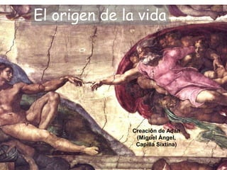 El origen de la vida
Creación de Adán
(Miguel Ángel,
Capilla Sixtina)
 