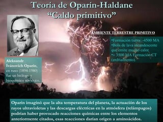 Teoría de Oparín-Haldane “Caldo primitivo” Oparin imaginó que la alta temperatura del planeta, la actuación de los rayos ultravioletas y las descargas eléctricas en la atmósfera (relámpagos) podrían haber provocado reacciones químicas entre los elementos anteriormente citados, esas reacciones darían origen a aminoácidos.  Aleksandr Ivánovich Oparin , en ruso (1894-1980) fue un biólogo y bioquímico soviético.  AMBIENTE TERRESTRE PRIMITIVO Formación tierra: -4500 MA Bola de lava incandescente que emite mucho calor ± 3500 MA Formación CT (enfriamiento). 
