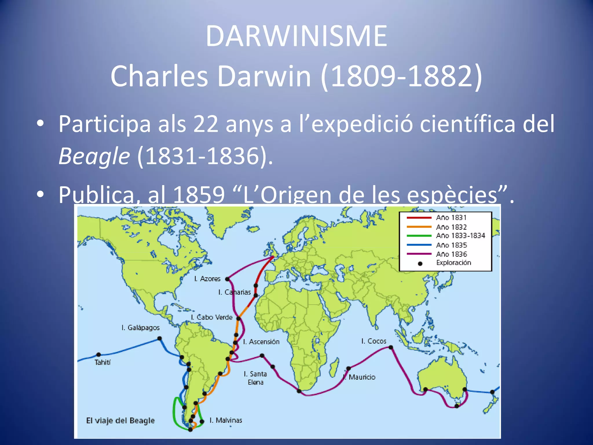 DARWINISME Charles Darwin (1809-1882) Participa als 22 anys a l’expedició científica del  Beagle  (1831-1836). Publica, al 1859 “L’Origen de les espècies”. 