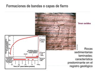 Formaciones de bandas o capas de fierro
Rocas
sedimentarias
laminadas;
característica
predominante en el
registro geológico
Iron oxides
 