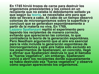 En 1745 hirvió trozos de carne para destruir los organismos preexistentes y los colocó en un recipiente que no estaba lo debidamente sellado ya que según su  teoría , se necesitaba aire para que esto se llevara a cabo. Al cabo de un tiempo observó colonias de microorganismos sobre la superficie y concluyó que se generaban espontáneamente a partir de la materia no viva. En 1769,  Lazzaro Spallanzani  repitió el experimento pero tapando los recipientes de manera correcta, evitando que aparecieran las colonias, lo que contradecía la teoría de la generación espontánea. Pero Needham argumentó que el aire era esencial para la vida incluida la generación espontánea de microorganismos y este aire había sido excluido en los experimentos de Spallanzani, en concreto, llegó a afirmar que Spallanzani destruía lo que él llamaba la "fuerza vegetativa", sin embargo, Spallanzani volvió a abrir los recipientes donde supuestamente se había destruido esa "fuerza vegetativa" y observó cómo seguían apareciendo los organismos. 