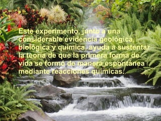 Este experimento, junto a una considerable evidencia geológica, biológica y química, ayuda a sustentar la teoría de que la primera forma de vida se formó de manera espontánea mediante reacciones químicas.  