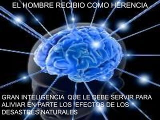 EL HOMBRE RECIBIO COMO HERENCIA




GRAN INTELIGENCIA QUE LE DEBE SERVIR PARA
ALIVIAR EN PARTE LOS EFECTOS DE LOS
DESASTRES NATURALES
 