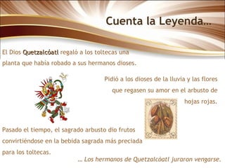 Cuenta la Leyenda… El Dios  Quetzalcóatl  regaló a los toltecas una planta que había robado a sus hermanos dioses.  …  Los hermanos de Quetzalcóatl juraron vengarse. Pidió a los dioses de la lluvia y las flores que regasen su amor en el arbusto de hojas rojas. Pasado el tiempo, el sagrado arbusto dio frutos convirtiéndose en la bebida sagrada más preciada para los toltecas. 