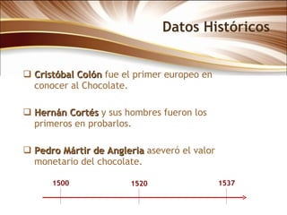 Datos Históricos Cristóbal Colón  fue el primer europeo en conocer al Chocolate. Hernán Cortés  y sus hombres fueron los primeros en probarlos. Pedro Mártir de Angleria  aseveró el valor monetario del chocolate. 1500 1520 1537 