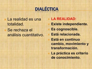 DIALÉCTICA

 La realidad es una          LA REALIDAD:
  totalidad.                  Existe independiente.
 Se rechaza el               Es cognoscible.
  análisis cuantitativo.      Está relacionada.
                              Está en continuo
                               cambio, movimiento y
                               transformación.
                              La práctica es criterio
                               de conocimiento.
 