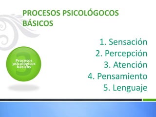 PROCESOS PSICOLÓGOCOS
BÁSICOS
1. Sensación
2. Percepción
3. Atención
4. Pensamiento
5. Lenguaje
Procesos
psicológicos
básicos
 
