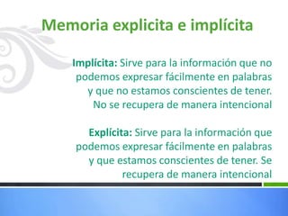 Memoria explicita e implícita
Implícita: Sirve para la información que no
podemos expresar fácilmente en palabras
y que no estamos conscientes de tener.
No se recupera de manera intencional
Explícita: Sirve para la información que
podemos expresar fácilmente en palabras
y que estamos conscientes de tener. Se
recupera de manera intencional
 