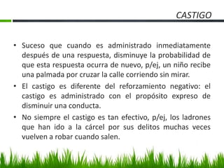 CASTIGO
• Suceso que cuando es administrado inmediatamente
después de una respuesta, disminuye la probabilidad de
que esta respuesta ocurra de nuevo, p/ej, un niño recibe
una palmada por cruzar la calle corriendo sin mirar.
• El castigo es diferente del reforzamiento negativo: el
castigo es administrado con el propósito expreso de
disminuir una conducta.
• No siempre el castigo es tan efectivo, p/ej, los ladrones
que han ido a la cárcel por sus delitos muchas veces
vuelven a robar cuando salen.
 