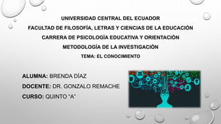UNIVERSIDAD CENTRAL DEL ECUADOR
FACULTAD DE FILOSOFÍA, LETRAS Y CIENCIAS DE LA EDUCACIÓN
CARRERA DE PSICOLOGÍA EDUCATIVA Y ORIENTACIÓN
METODOLOGÍA DE LA INVESTIGACIÓN
TEMA: EL CONOCIMIENTO
ALUMNA: BRENDA DÍAZ
DOCENTE: DR. GONZALO REMACHE
CURSO: QUINTO “A”
 
