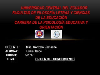 UNIVERSIDAD CENTRAL DEL ECUADOR
FACULTAD DE FILOSOFÍA LETRAS Y CIENCIAS
DE LA EDUCACIÓN
CARRERA DE LA PSICOLOGÍA EDUCATIVA Y
ORIENTACIÓN
DOCENTE: Msc. Gonzalo Remache
ALUMNA: Quelal Isabel
CURSO: 5to “A”
TEMA: ORIGEN DEL CONOCIMIENTO
 