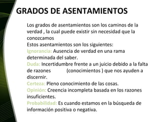 GRADOS DE ASENTAMIENTOS Los grados de asentamientos son los caminos de la verdad , la cual puede existir sin necesidad que la conozcamos Estos asentamientos son los siguientes: Ignorancia:  Ausencia de verdad en una rama determinada del saber. Duda:  Incertidumbre frente a un juicio debido a la falta de razones  (conocimientos ) que nos ayuden a discernir. Certeza:  Pleno conocimiento de las cosas. Opinión:  Creencia incompleta basada en los razones insuficientes. Probabilidad:  Es cuando estamos en la búsqueda de información positiva o negativa. 