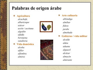 Palabras de origen árabe
  Agricultura              Arte culinaria
  alcachofa                 albóndiga
  albaricoque               almíbar
  azúcar                    fideos
  aceite / aceituna         jarabe
  algodón                   almohada
  alfalfa
                           Gobierno / vida militar
  berenjena
                            alcalde
  zanahoria
                            aldea
  Vida doméstica
  alcoba                    aduana
  alfiler                   alguacil
  alfombra                  alcázar
  almirez                   almacén
                            almirante
 