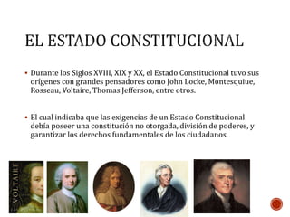  Durante los Siglos XVIII, XIX y XX, el Estado Constitucional tuvo sus 
orígenes con grandes pensadores como John Locke, Montesquiue, 
Rosseau, Voltaire, Thomas Jefferson, entre otros. 
 El cual indicaba que las exigencias de un Estado Constitucional 
debía poseer una constitución no otorgada, división de poderes, y 
garantizar los derechos fundamentales de los ciudadanos. 
 