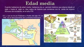 Cuando hablamos de edad media, hablamos de un período histórico que abarca desde el
siglo v hasta el siglo xv. diez siglos de historia que comienza con la caída de imperio
Romano de occidente, en el año 476
D.C. y que se da por finalizado a finales del siglo XV, en
1492, con el descubrimiento del Continente Americano.
 
