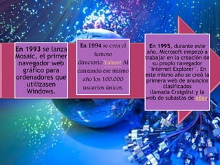 En 1995, durante este
año, Microsoft empezó a
trabajar en la creación de
su propio navegador
¨Internet Explorer¨. En
este mismo año se creó la
primera web de anuncios
clasificados
llamada Craigslist y la
web de subastas de eBay.
En 1994 se crea el
famoso
directorio Yahoo! Al
canzando ese mismo
año los 100.000
usuarios únicos.
En 1993 se lanza
Mosaic, el primer
navegador web
gráfico para
ordenadores que
utilizasen
Windows.
 