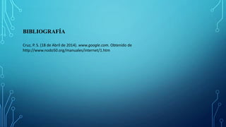 BIBLIOGRAFÍA
Cruz, P. S. (18 de Abril de 2014). www.google.com. Obtenido de
http://www.nodo50.org/manuales/internet/1.htm
 