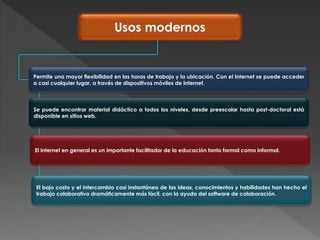 Usos modernos
Permite una mayor flexibilidad en las horas de trabajo y la ubicación. Con el Internet se puede acceder
a casi cualquier lugar, a través de dispositivos móviles de Internet.
Se puede encontrar material didáctico a todos los niveles, desde preescolar hasta post-doctoral está
disponible en sitios web.
El Internet en general es un importante facilitador de la educación tanto formal como informal.
El bajo costo y el intercambio casi instantáneo de las ideas, conocimientos y habilidades han hecho el
trabajo colaborativo dramáticamente más fácil, con la ayuda del software de colaboración.
 