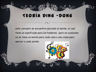 TEORÍA DING -DONG
este concepto se encuentra asociado al sonido, el cual
tiene un significado para los hombres ; pero en ocasiones
no se tiene un sonido para cada cosa o una cosas para
asociar a cada sonido.
 