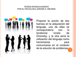 Propone la acción de dos
fuerzas en la adquisición del
lenguaje, una de ellas se
correspondería con la
tendencia innata de
Chomsky, y la otra sería la
utilización del lenguaje como
herramienta para
comunicarse en el contexto
de la solución de problemas.
TEORIA INTERACCIONISTA
POR EL PSICÓLOGO JEROME S. BRUNER
 