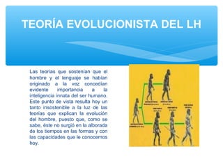 TEORÍA EVOLUCIONISTA DEL LH
Las teorías que sostenían que el
hombre y el lenguaje se habían
originado a la vez concedían
evidente importancia a la
inteligencia innata del ser humano.
Este punto de vista resulta hoy un
tanto insostenible a la luz de las
teorías que explican la evolución
del hombre, puesto que, como se
sabe, éste no surgió en la alborada
de los tiempos en las formas y con
las capacidades que le conocemos
hoy.
 