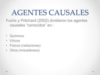 AGENTES CAUSALES
Fuchs y Pritchard (2002) dividieron los agentes
causales “conocidos” en :
• Químicos
• Víricos
• Físicos (radiaciones)
• Otros (misceláneos)
 