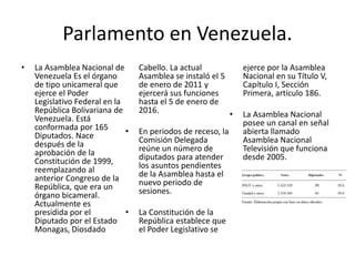 Parlamento en Venezuela.
• La Asamblea Nacional de
Venezuela Es el órgano
de tipo unicameral que
ejerce el Poder
Legislativo Federal en la
República Bolivariana de
Venezuela. Está
conformada por 165
Diputados. Nace
después de la
aprobación de la
Constitución de 1999,
reemplazando al
anterior Congreso de la
República, que era un
órgano bicameral.
Actualmente es
presidida por el
Diputado por el Estado
Monagas, Diosdado
Cabello. La actual
Asamblea se instaló el 5
de enero de 2011 y
ejercerá sus funciones
hasta el 5 de enero de
2016.
• En periodos de receso, la
Comisión Delegada
reúne un número de
diputados para atender
los asuntos pendientes
de la Asamblea hasta el
nuevo periodo de
sesiones.
• La Constitución de la
República establece que
el Poder Legislativo se
ejerce por la Asamblea
Nacional en su Título V,
Capítulo I, Sección
Primera, artículo 186.
• La Asamblea Nacional
posee un canal en señal
abierta llamado
Asamblea Nacional
Televisión que funciona
desde 2005.
 