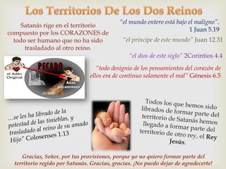 Satanás rige en el territorio 
compuesto por los CORAZONES de 
todo ser humano que no ha sido 
trasladado al otro reino. 
“el mundo entero está bajo el maligno”. 
1 Juan 5.19 
“el príncipe de este mundo” Juan 12.31 
“el dios de este siglo” 2Corintios 4.4 
“todo designio de los pensamientos del corazón de 
ellos era de continuo solamente el mal” Génesis 6.5 
Gracias, Señor, por tus provisiones, porque yo no quiero formar parte del 
territorio regido por Satanás. Gracias, gracias. ¡No puedo dejar de agradecerte! 
 