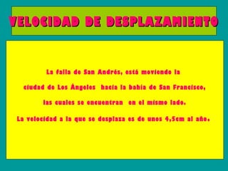 VELOCIDAD DE DESPLAZAMIENTO


          La falla de San Andrés, está moviendo la

   ciudad de Los Ángeles hacia la bahía de San Francisco,

         las cuales se encuentran en el mismo lado.

 La velocidad a la que se desplaza es de unos 4,5cm al año .
 