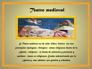 Teatro medieval




   El Teatro medieval era de calle, lúdico, festivo, con tres
principales tipologías: «litúrgico», temas religiosos dentro de la
   Iglesia; «religioso», en forma de misterios y pasiones; y
 «profano», temas no religiosos. Estaba subvencionado por la
       Iglesia y, más adelante, por gremios y cofradías.
 