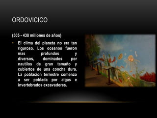 ORDOVICICO
(505 - 438 millones de años)
• El clima del planeta no era tan
riguroso. Los oceanos fueron
mas profundos y
diversos, dominados por
nautilos de gran tamaño y
cubiertos de una concha dura.
La poblacion terrestre comenzo
a ser poblada por algas e
invertebrados excavadores.
 