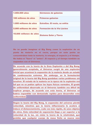 1.000.000 años

Gérmenes de galaxias

100 millones de años

Primeras galaxias

1.000 millones de años

Estrellas. El resto, se enfría

5.000 millones de años

Formación de la Vía Láctea

10.000 millones de años

Sistema Solar y Tierra

No se puede imaginar el Big Bang como la explosión de un
punto de materia en el vacío, porque en este punto se
concentraban toda la materia, la energía, el espacio y el tiempo.
No había ni "fuera" ni "antes". El espacio y el tiempo también se
expanden con el Universo.
De acuerdo con la teoría de la Gran Explosión o del Big Bang,
generalmente aceptada, el Universo surgió de una explosión
inicial que ocasionó la expansión de la materia desde un estado
de condensación extrema. Sin embargo, en la formulación
original de la teoría del Big Bang quedaban varios problemas sin
resolver. El estado de la materia en la época de la explosión era
tal que no se podían aplicar las leyes físicas normales. El grado
de uniformidad observado en el Universo también era difícil de
explicar porque, de acuerdo con esta teoría, el Universo se
habría expandido con demasiada rapidez para desarrollar esta
uniformidad.
Según la teoría del Big Bang, la expansión del universo pierde
velocidad, mientras que la teoría inflacionaria lo acelera e
induce el distanciamiento, cada vez más rápido, de unos objetos
de otros. Esta velocidad de separación llega a ser superior a la
velocidad de la luz, sin violar la teoría de la relatividad, que
prohíbe que cualquier cuerpo de masa finita se mueva más

 
