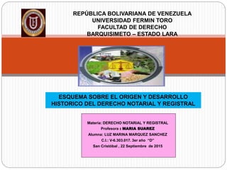 REPÚBLICA BOLIVARIANA DE VENEZUELA
UNIVERSIDAD FERMIN TORO
FACULTAD DE DERECHO
BARQUISIMETO – ESTADO LARA
ESQUEMA SOBRE EL ORIGEN Y DESARROLLO
HISTORICO DEL DERECHO NOTARIAL Y REGISTRAL
Materia: DERECHO NOTARIAL Y REGISTRAL
Profesora : MARIA SUAREZ
Alumna: LUZ MARINA MARQUEZ SANCHEZ
C.I.: V-6.303.017. 3er año “D”
San Cristóbal , 22 Septiembre de 2015
 