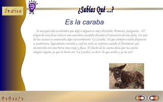 Es la caraba
                   Se usa para dar a entender que algo o alguien es muy divertido, bromista, juerguista... El
                origen de esta frase está en una anécdota sucedida durante el transcurso de una feria. En una
                de las casetas se anunciaba algo extraordinario "La Caraba". El que siempre estaba dispuesto
                a asombrarse, lógicamente entraba y cuál no sería su sorpresa cuando el "fenómeno" que
                encontraba era una burra muy vieja y flaca. El dueño de la caseta decía que no existía
                ningún engaño ya que la burra era "La Caraba", es decir "la que araba y ya no ara".




El Taller del
 