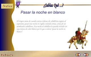 Pasar la noche en blanco

                El origen viene de cuando ciertas órdenes de caballería exigían al
                aspirante, pasar una noche en vigilia velando armas, antes de ser
                nombrados caballeros. Esa noche el caballero la pasaba vestido con
                una túnica de color blanco por lo que se decía “pasar la noche en
                blanco”.




El Taller del
 