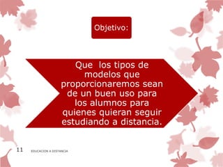 Objetivo:




                         Que los tipos de
                           modelos que
                      proporcionaremos sean
                       de un buen uso para
                         los alumnos para
                      quienes quieran seguir
                      estudiando a distancia.


11   EDUCACION A DISTANCIA
 