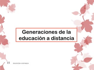 Generaciones de la
            educación a distancia



15   EDUCACION A DISTANCIA
 
