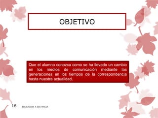 OBJETIVO




          Que el alumno conozca como se ha llevado un cambio
          en los medios de comunicación mediante las
          generaciones en los tiempos de la correspondencia
          hasta nuestra actualidad.




16   EDUCACION A DISTANCIA
 