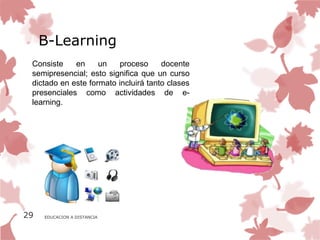 B-Learning
 Consiste    en     un    proceso     docente
 semipresencial; esto significa que un curso
 dictado en este formato incluirá tanto clases
 presenciales como actividades de e-
 learning.




29   EDUCACION A DISTANCIA
 