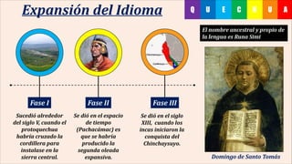 UHC AEUQExpansión del Idioma
Domingo de Santo Tomás
Sucedió alrededor
del siglo V, cuando el
protoquechua
habría cruzado la
cordillera para
instalase en la
sierra central.
Fase I Fase II Fase III
Se dió en el espacio
de tiempo
(Pachacámac) es
que se habría
producido la
segunda oleada
expansiva.
Se dió en el siglo
XIII, cuando los
incas iniciaron la
conquista del
Chinchaysuyo.
 