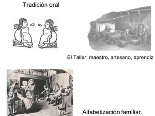 Tradición oral
El Taller: maestro, artesano, aprendiz
Alfabetización familiar.
 