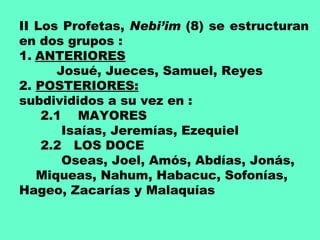 II Los Profetas,  Nebi’im   (8) se estructuran en dos grupos : ANTERIORES Josué, Jueces, Samuel, Reyes 2.  POSTERIORES:   subdivididos a su vez en : 2.1  MAYORES  Isaías, Jeremías, Ezequiel 2.2  LOS DOCE Oseas, Joel, Amós, Abdías, Jonás,  Miqueas, Nahum, Habacuc, Sofonías,  Hageo, Zacarías y Malaquías 