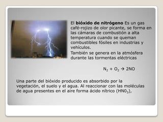 El bióxido de nitrógeno Es un gas
                          café-rojizo de olor picante, se forma en
                          las cámaras de combustión a alta
                          temperatura cuando se queman
                          combustibles fósiles en industrias y
                          vehículos.
                          También se genera en la atmósfera
                          durante las tormentas eléctricas

                                          N2 + O2  2NO


Una parte del bióxido producido es absorbido por la
vegetación, el suelo y el agua. Al reaccionar con las moléculas
de agua presentes en el aire forma ácido nítrico (HN03),
 