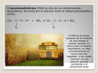 El peroxiacetilnitrato (PAN) es otro de los contaminantes
secundarios. Se forma por la reacción entre el radical peroxiacetilo y
el NO2

CH3 - C – O – O*    +   NO2  CH3 - C – O – O + NO2
      |                           |
      O                           O


                                                   El PAN es el primer
                                                causante de la irritación
                                                    de ojos debida al
                                                   esmog; también es
                                                 nocivo para el sistema
                                                  respiratorio; en altas
                                                   concentraciones es
                                                     nocivo para los
                                                 vegetales a los cuales
                                                    «quema» en una
                                                    reacción química
                                                      semejante a la
                                                    combustión lenta
 