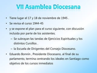 • Tiene lugar el 17 y 18 de noviembre de 1945 .
• Se revisa el curso 1944-45
• y se expone el plan para el curso siguiente, con discusión
  incluida por parte de los asistentes.
   – Se subrayan las tandas de Ejercicios Espirituales y los
      distintos Cursillos .
   – la Escuela de Dirigentes del Consejo Diocesano.
• Eduardo Bonnín , Presidente Diocesano, al final de su
  parlamento, termina centrando los ideales en Santiago como
  objetivo de los cursos inmediatos
 