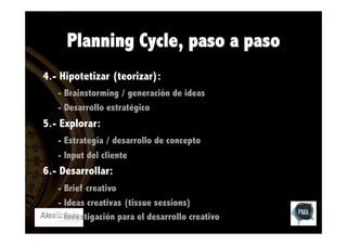 Planning Cycle, paso a paso
4.- Hipotetizar (teorizar):
- Brainstorming / generación de ideas
- Desarrollo estratégico

5.- Explorar:
- Estrategia / desarrollo de concepto
- Input del cliente

6.- Desarrollar:
- Brief creativo
- Ideas creativas (tissue sessions)
- Investigación para el desarrollo creativo

 