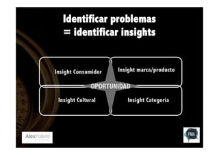 Identificar problemas
= identificar insights

Insight Consumidor

Insight marca/producto

OPORTUNIDAD
Insight Cultural

Insight Categoría

 