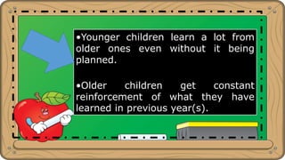 •Younger children learn a lot from
older ones even without it being
planned.
•Older children get constant
reinforcement of what they have
learned in previous year(s).
 
