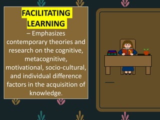 FACILITATING
LEARNING
– Emphasizes
contemporary theories and
research on the cognitive,
metacognitive,
motivational, socio-cultural,
and individual difference
factors in the acquisition of
knowledge.
 